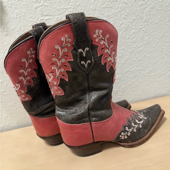 Tony Lama Brown and Pink Heeled Boots with Intricate Embroidery - Picture 3 of 4